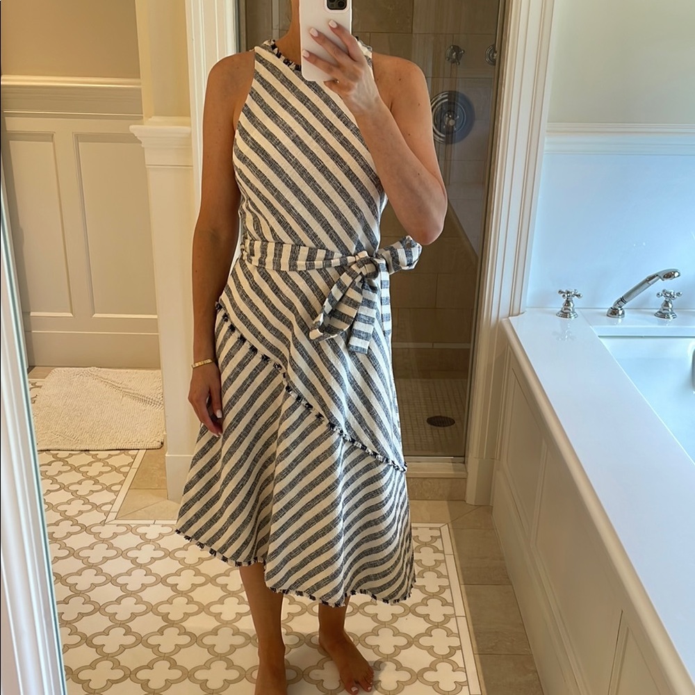 Banana Republic Navy and White One-Shoulder Dress